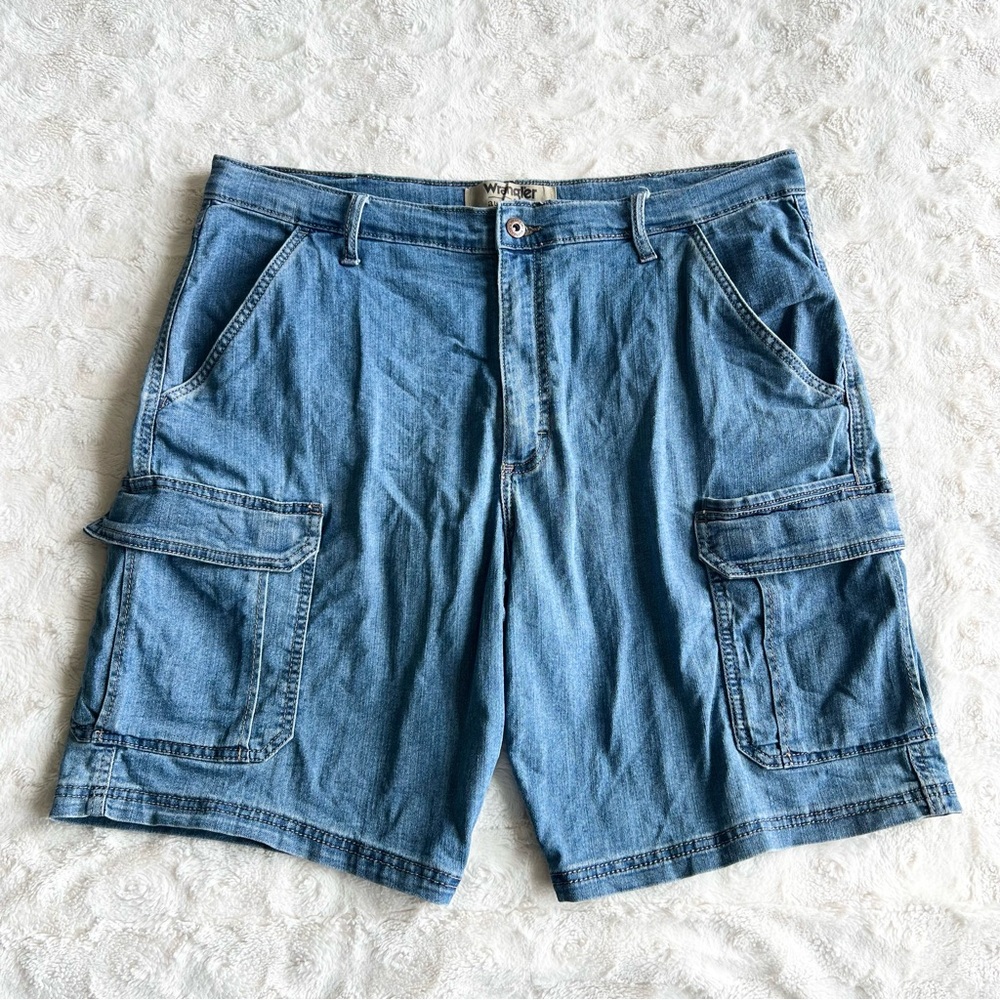 Wrangler Denim Shorts Jorts Mens 38x10 *Tag 36 Blue Cargo Authentics Baggy Loose